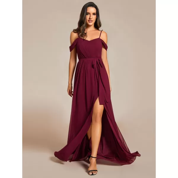 EverPretty Womens Chiffon Pleated Backless A Line Split Maxi Evening Dresses 02076Burgundy