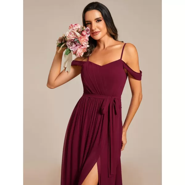 EverPretty Womens Chiffon Pleated Backless A Line Split Maxi Evening Dresses 02076Burgundy