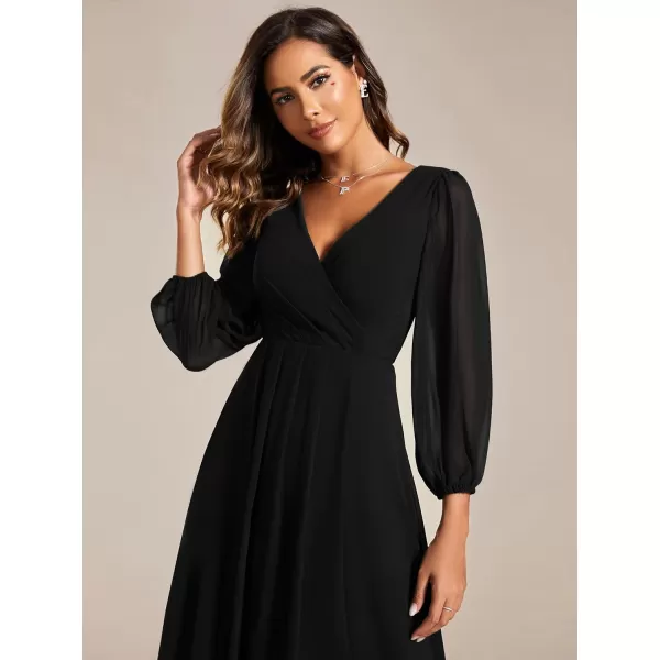 EverPretty Womens Chiffon Spring V Neck Long Sleeves Pleated ALine Midi Length Wedding Guest Dress 01926Black