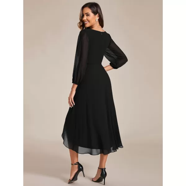 EverPretty Womens Chiffon Spring V Neck Long Sleeves Pleated ALine Midi Length Wedding Guest Dress 01926Black