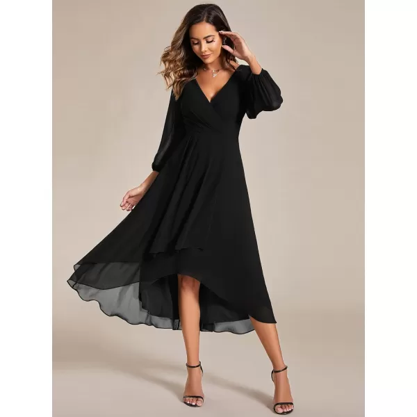 EverPretty Womens Chiffon Spring V Neck Long Sleeves Pleated ALine Midi Length Wedding Guest Dress 01926Black