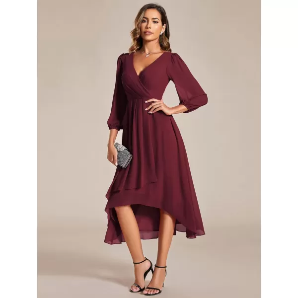 EverPretty Womens Chiffon Spring V Neck Long Sleeves Pleated ALine Midi Length Wedding Guest Dress 01926Burgundy