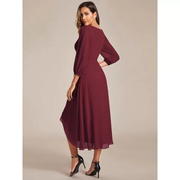 EverPretty Womens Chiffon Spring V Neck Long Sleeves Pleated ALine Midi Length Wedding Guest Dress 01926Burgundy