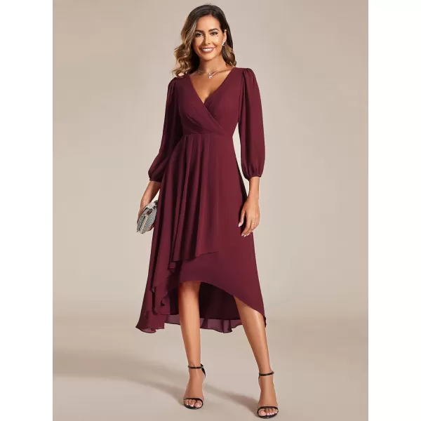 EverPretty Womens Chiffon Spring V Neck Long Sleeves Pleated ALine Midi Length Wedding Guest Dress 01926Burgundy