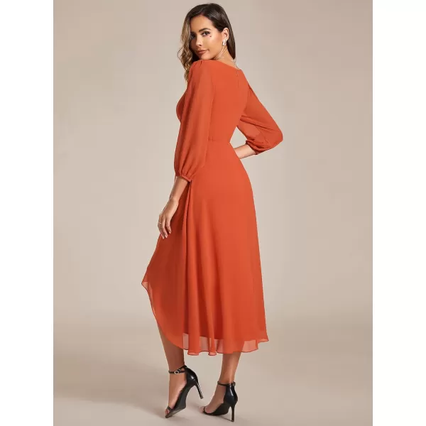 EverPretty Womens Chiffon Spring V Neck Long Sleeves Pleated ALine Midi Length Wedding Guest Dress 01926Burnt Orange