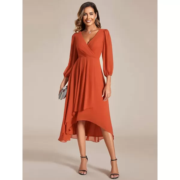 EverPretty Womens Chiffon Spring V Neck Long Sleeves Pleated ALine Midi Length Wedding Guest Dress 01926Burnt Orange