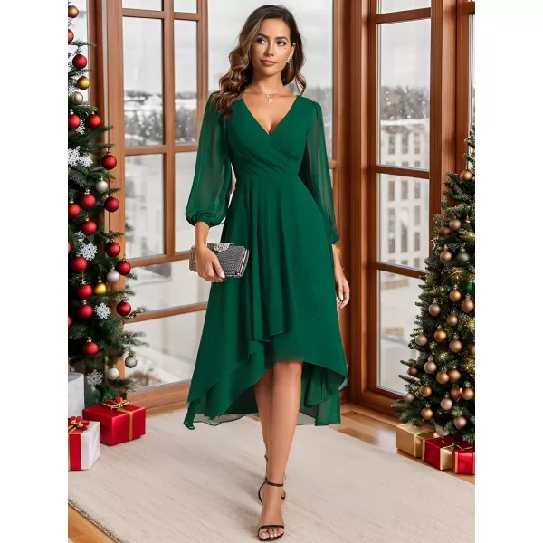 EverPretty Womens Chiffon Spring V Neck Long Sleeves Pleated ALine Midi Length Wedding Guest Dress 01926Dark Green