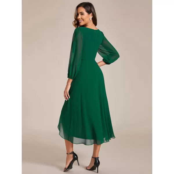 EverPretty Womens Chiffon Spring V Neck Long Sleeves Pleated ALine Midi Length Wedding Guest Dress 01926Dark Green