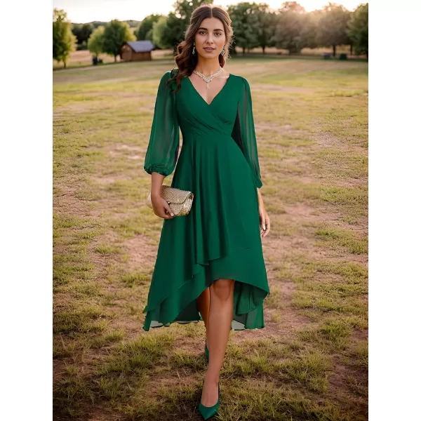 EverPretty Womens Chiffon Spring V Neck Long Sleeves Pleated ALine Midi Length Wedding Guest Dress 01926Dark Green