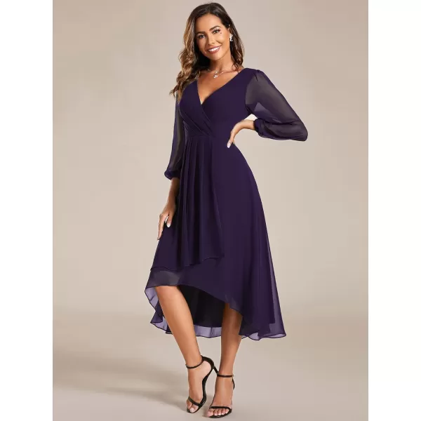 EverPretty Womens Chiffon Spring V Neck Long Sleeves Pleated ALine Midi Length Wedding Guest Dress 01926Deep Purple