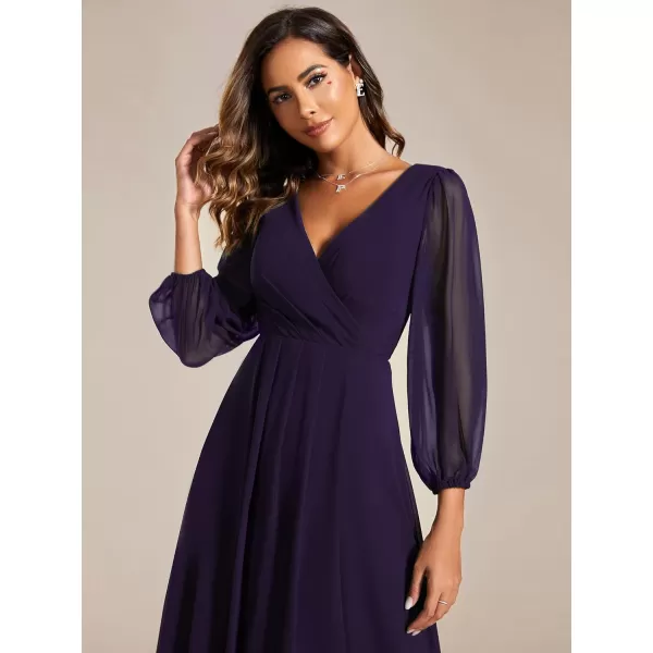 EverPretty Womens Chiffon Spring V Neck Long Sleeves Pleated ALine Midi Length Wedding Guest Dress 01926Deep Purple