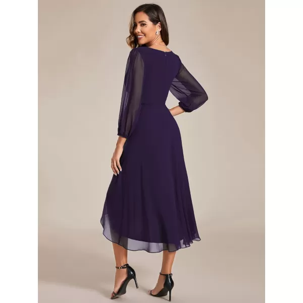 EverPretty Womens Chiffon Spring V Neck Long Sleeves Pleated ALine Midi Length Wedding Guest Dress 01926Deep Purple