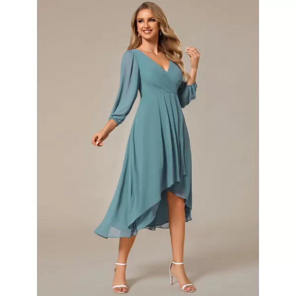 EverPretty Womens Chiffon Spring V Neck Long Sleeves Pleated ALine Midi Length Wedding Guest Dress 01926Dusty Blue