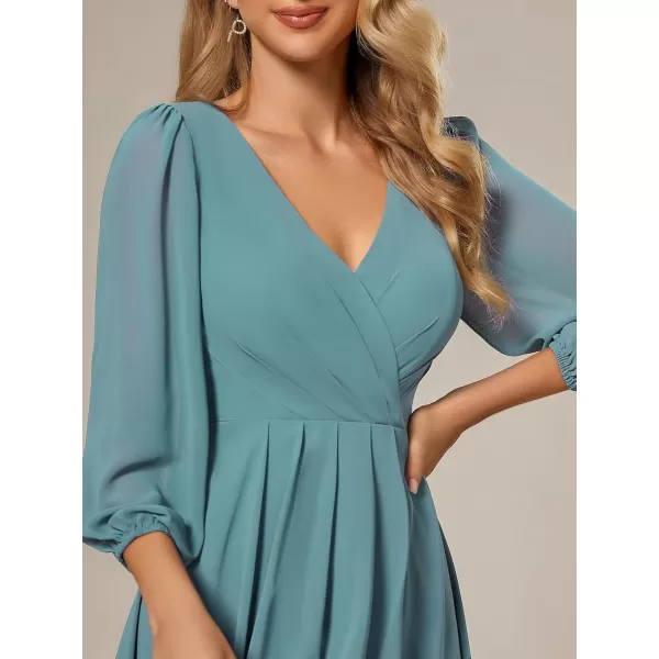 EverPretty Womens Chiffon Spring V Neck Long Sleeves Pleated ALine Midi Length Wedding Guest Dress 01926Dusty Blue