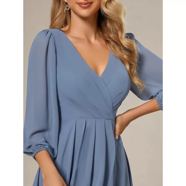 EverPretty Womens Chiffon Spring V Neck Long Sleeves Pleated ALine Midi Length Wedding Guest Dress 01926Dusty Navy