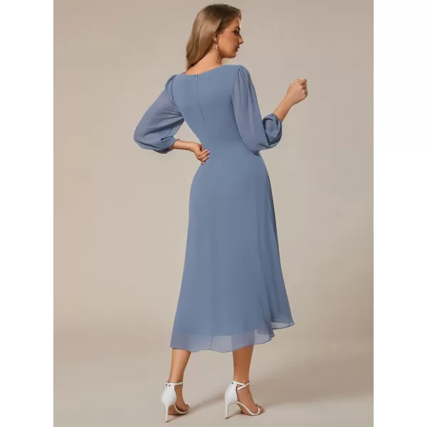 EverPretty Womens Chiffon Spring V Neck Long Sleeves Pleated ALine Midi Length Wedding Guest Dress 01926Dusty Navy