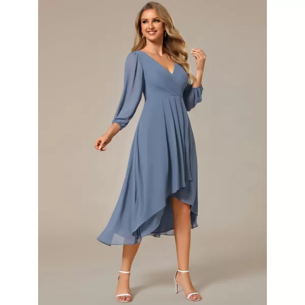 EverPretty Womens Chiffon Spring V Neck Long Sleeves Pleated ALine Midi Length Wedding Guest Dress 01926Dusty Navy