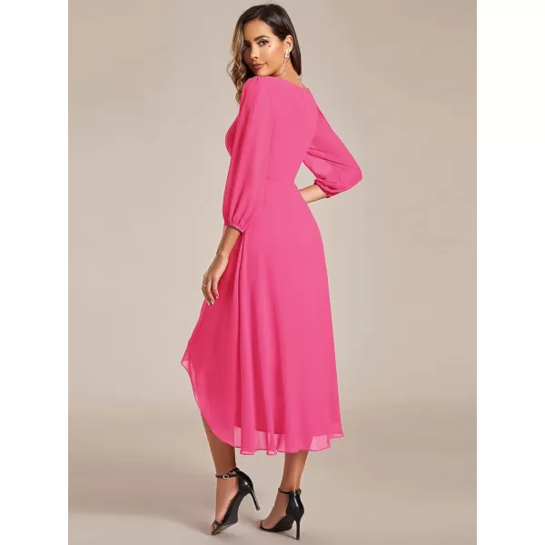 EverPretty Womens Chiffon Spring V Neck Long Sleeves Pleated ALine Midi Length Wedding Guest Dress 01926Hot Pink