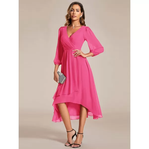EverPretty Womens Chiffon Spring V Neck Long Sleeves Pleated ALine Midi Length Wedding Guest Dress 01926Hot Pink