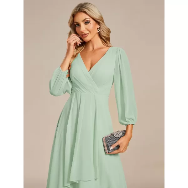 EverPretty Womens Chiffon Spring V Neck Long Sleeves Pleated ALine Midi Length Wedding Guest Dress 01926Mint Green