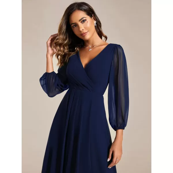 EverPretty Womens Chiffon Spring V Neck Long Sleeves Pleated ALine Midi Length Wedding Guest Dress 01926Navy Blue