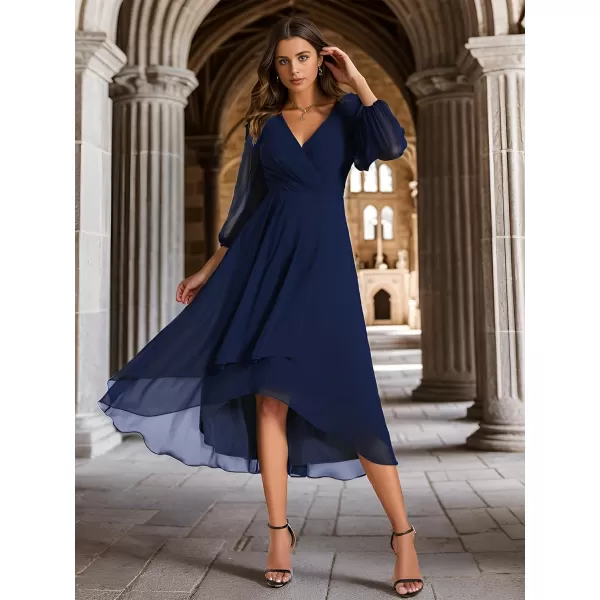 EverPretty Womens Chiffon Spring V Neck Long Sleeves Pleated ALine Midi Length Wedding Guest Dress 01926Navy Blue