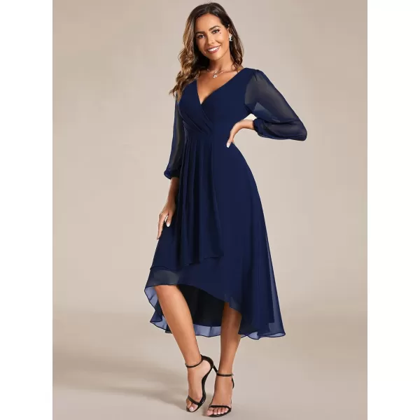 EverPretty Womens Chiffon Spring V Neck Long Sleeves Pleated ALine Midi Length Wedding Guest Dress 01926Navy Blue