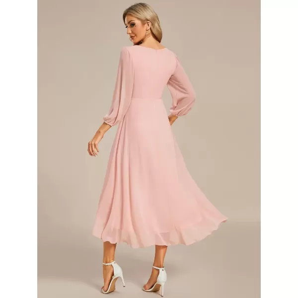 EverPretty Womens Chiffon Spring V Neck Long Sleeves Pleated ALine Midi Length Wedding Guest Dress 01926Pink