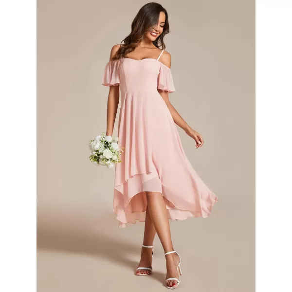 EverPretty Womens Chiffon Summer Off Shoulder Formal Dress High Low Midi Wedding Guest Dresses 02103Pink