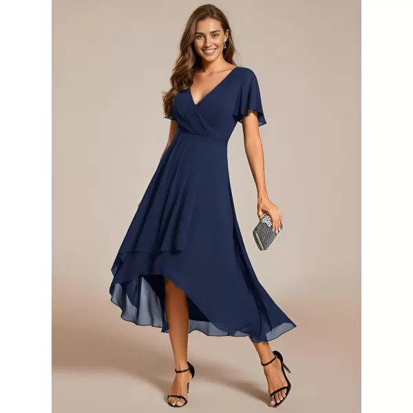 EverPretty Womens Chiffon V Neck Long Sleeves Pleated ALine Midi Length Wedding Guest Dress 01926Anavy Blue