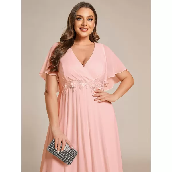 EverPretty Womens Chiffon V Neck Short Sleeves Appliques Plus Size Dresses for Curvy Women Formal Dresses 01960DAPink