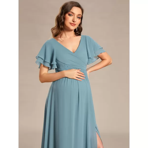 EverPretty Womens Chiffon V Neck Short Sleeves Pleated Slit A Line FloorLength Maternity Party Dress 01862EYDemin Blue