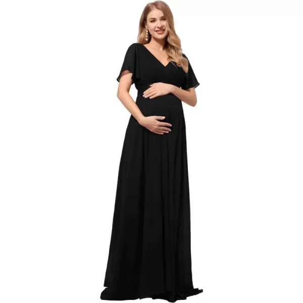 EverPretty Womens Chiffon VNeck Short Sleeve Aline Ruched Summer Maternity Dresses 09890EYBlack