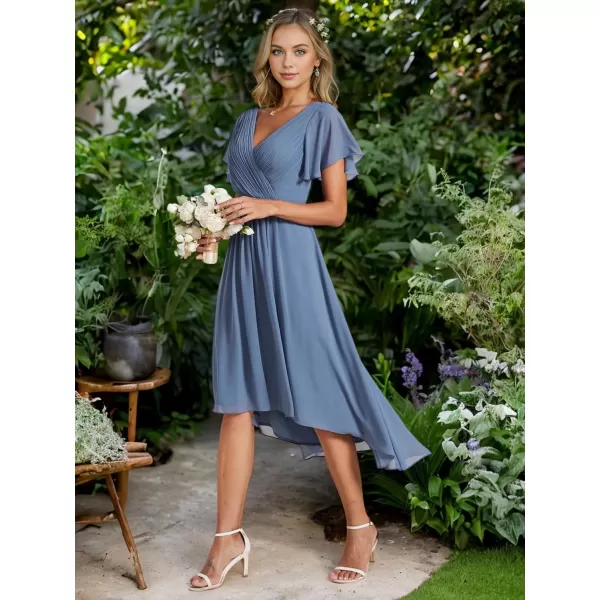 EverPretty Womens Chiffon VNeck Short Wedding Guest Dress with Ruffled Sleeves 01923Dusty Blue