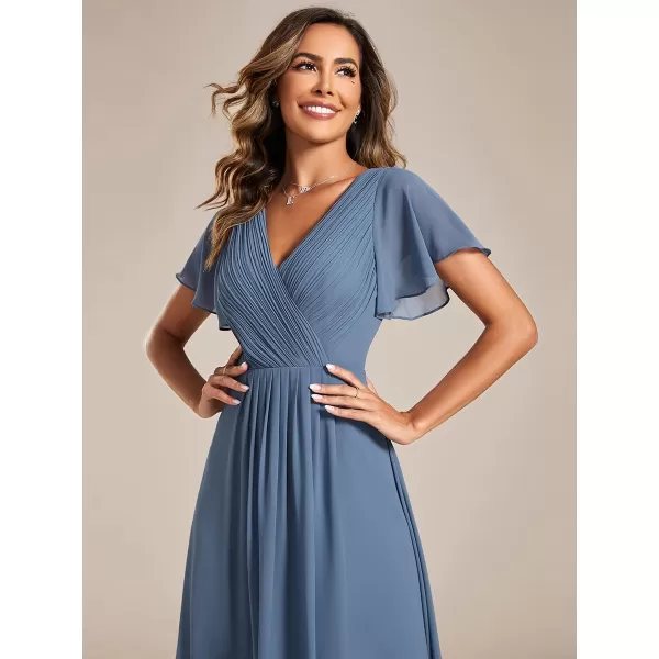 EverPretty Womens Chiffon VNeck Short Wedding Guest Dress with Ruffled Sleeves 01923Dusty Blue