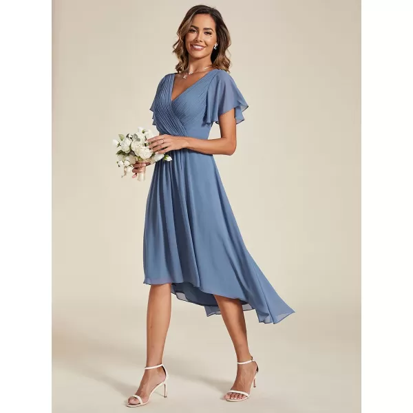 EverPretty Womens Chiffon VNeck Short Wedding Guest Dress with Ruffled Sleeves 01923Dusty Blue