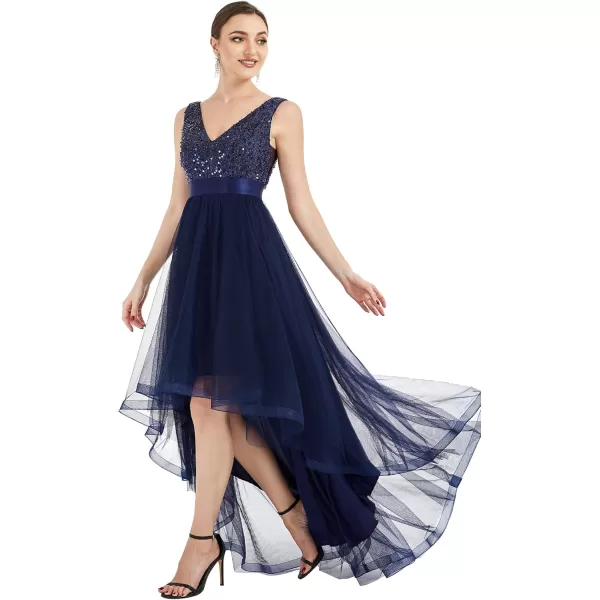 EverPretty Womens Cocktail Dress Double VNeck Sleeveless Empire Waist Sequin High Low Tulle Formal Dress 0147ANavy Blue