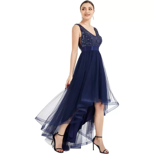 EverPretty Womens Cocktail Dress Double VNeck Sleeveless Empire Waist Sequin High Low Tulle Formal Dress 0147ANavy Blue