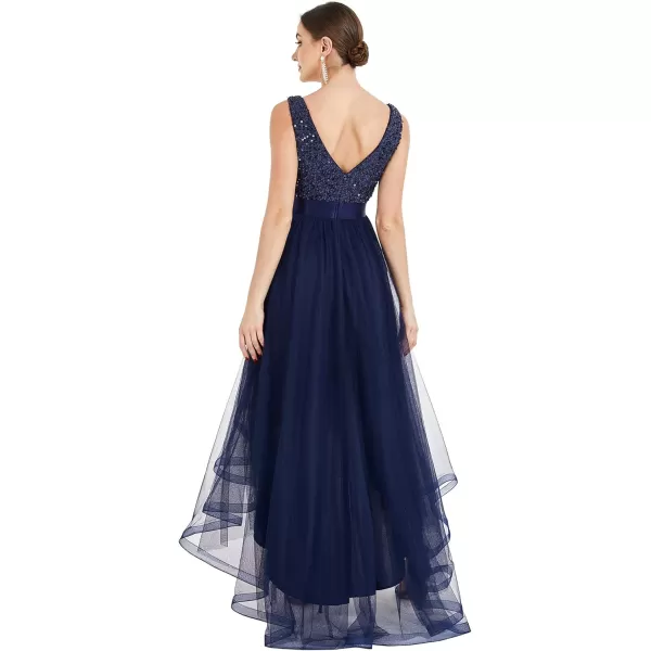 EverPretty Womens Cocktail Dress Double VNeck Sleeveless Empire Waist Sequin High Low Tulle Formal Dress 0147ANavy Blue