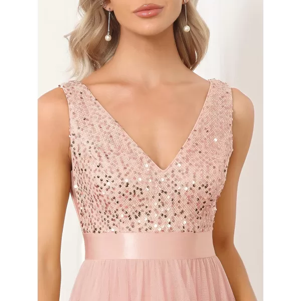 EverPretty Womens Cocktail Dress Double VNeck Sleeveless Empire Waist Sequin High Low Tulle Formal Dress 0147APink