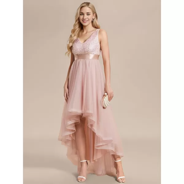 EverPretty Womens Cocktail Dress Double VNeck Sleeveless Empire Waist Sequin High Low Tulle Formal Dress 0147APink