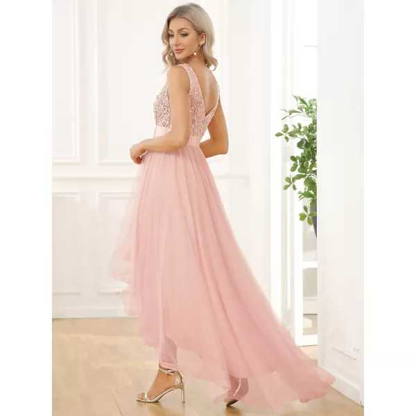 EverPretty Womens Cocktail Dress Double VNeck Sleeveless Empire Waist Sequin High Low Tulle Formal Dress 0147APink
