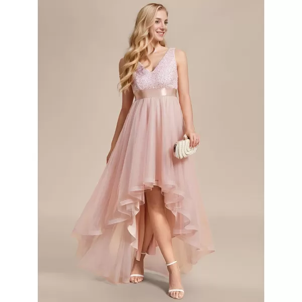 EverPretty Womens Cocktail Dress Double VNeck Sleeveless Empire Waist Sequin High Low Tulle Formal Dress 0147APink