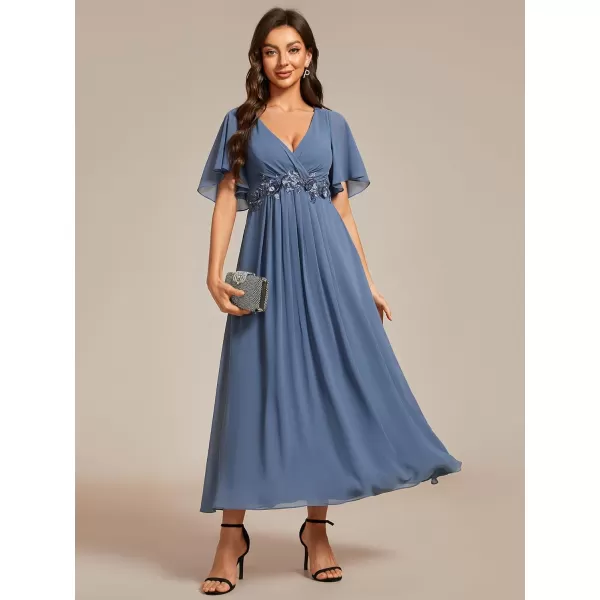 EverPretty Womens Cocktail Dresses V Neck ALine Elastic High Waist Wedding Guest Evening Party Maxi Dress 02093Dusty Navy