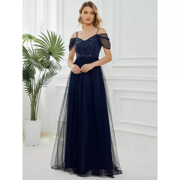 EverPretty Womens Cold Shoulder Maxi Evening Dresses ALine Sequins Formal Gowns 0766Navy Blue