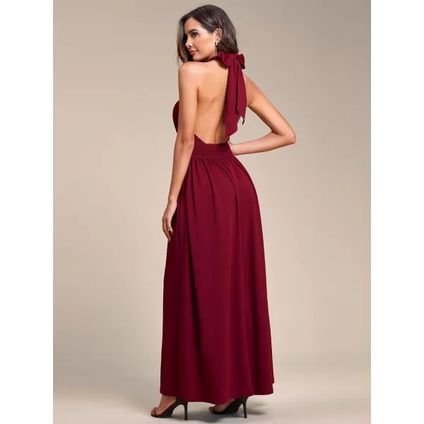 EverPretty Womens Convertible Halterneck Sleeveless Pleated ALine Tea Length Bridesmaid Dresses 01866Burgundy