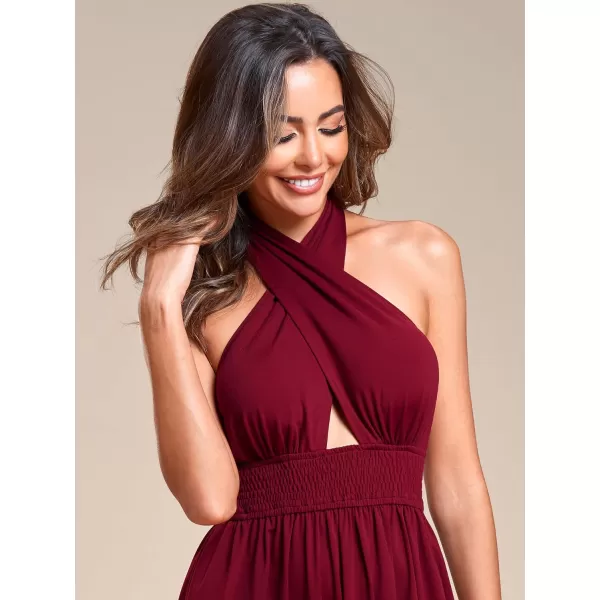 EverPretty Womens Convertible Halterneck Sleeveless Pleated ALine Tea Length Bridesmaid Dresses 01866Burgundy