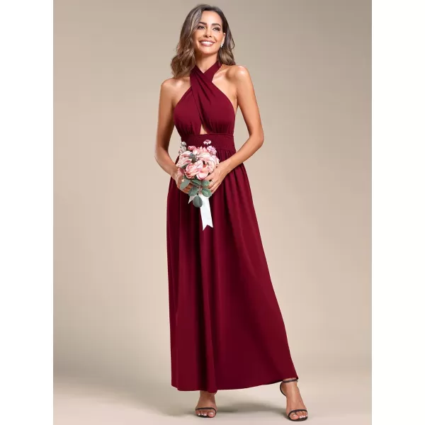 EverPretty Womens Convertible Halterneck Sleeveless Pleated ALine Tea Length Bridesmaid Dresses 01866Burgundy