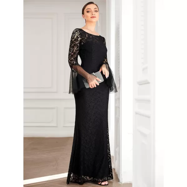 EverPretty Womens Crew Neck Backless Flared Sleeves Mermaid Lace Maxi Formal Evening Dress 0338ABlack