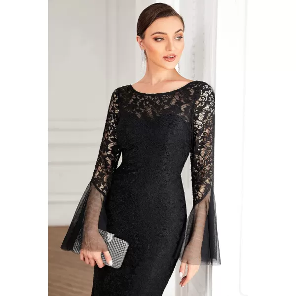 EverPretty Womens Crew Neck Backless Flared Sleeves Mermaid Lace Maxi Formal Evening Dress 0338ABlack